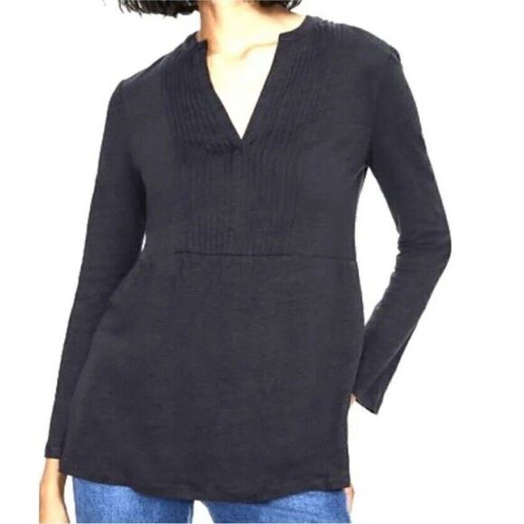 Boden Linen Pintuck Notch V Neck Jersey 3/4 Sleeve Top Navy Size Medium - Picture 1 of 7